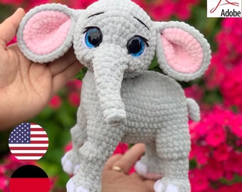 Wzór szydełkowy pluszowy słoń amigurumi plik PDF w języku angielskim i niemieckim