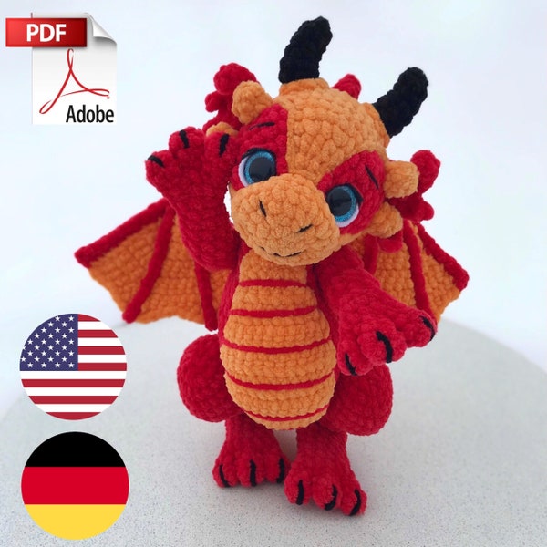 Haakpatroon pluche draak amigurumi PDF-bestand in het Engels en Duits