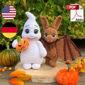 Schemi all&#39;uncinetto amigurumi Halloween fantasma, zucca e pipistrello file PDF in inglese e tedesco