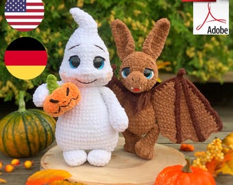 Crochet patterns amigurumi Halloween ghost, pumpkin and bat PDF file in English and German