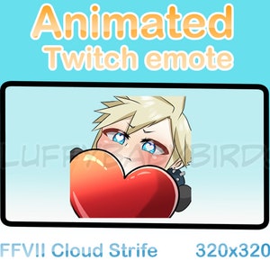 May include: Animated Twitch emote featuring a cartoon character with blonde hair holding a red heart. The character has blue eyes and a blushing face. The emote is 320x320 pixels and is titled "FFVII Cloud Strife".