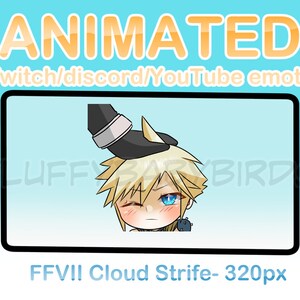 May include: Animated Twitch, Discord, and YouTube emote featuring a chibi-style Cloud Strife from Final Fantasy VII. He has blonde hair, blue eyes, and is blushing. A hand is gently patting his head.