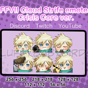 Könnte beinhalten: Sechs verschiedene animierte Emojis von Cloud Strife aus Final Fantasy VII: Crisis Core. Die Emojis sind in einem Raster von 2 Reihen und 3 Spalten angeordnet. Die Emojis sind alle im Chibi-Stil gehalten und zeigen Cloud mit verschiedenen Gesichtsausdrücken. Die Emojis sind mit ihren Abmessungen in Pixeln beschriftet.