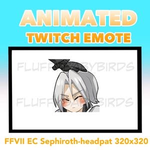 Op de afbeelding: Geanimeerde Twitch Emote met een personage met wit haar dat op het hoofd wordt geaaid. De tekst "ANIMATED TWITCH EMOTE" staat bovenaan, met "FFVII EC Sephiroth-headpat 320x320" onderaan.