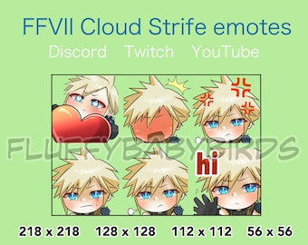 Op de afbeelding: Een set van acht digitale emoticons met Cloud Strife uit Final Fantasy VII. De emoticons tonen Cloud met verschillende uitdrukkingen, waaronder een hart, blozen, boos en met het woord "hi". De emoticons zijn in verschillende formaten, variërend van 56 x 56 pixels tot 218 x 218 pixels.