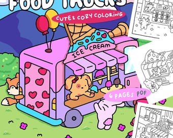 Op de afbeelding: Een kleurboek met zes pagina's vol illustraties van schattige foodtrucks. De omslag toont een roze ijswagen met een cartoonhond en een vos. De tekst "FOOD TRUCKS CUTE & COZY COLORING" staat bovenaan de pagina.