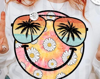 Summer Daisy Tie Dye Smile Face PNG, Beach Vibes (Digital Download)