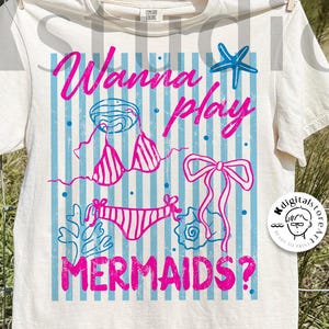 Wanna Play Mermaids Png, Retro Summer Bikini Png, Striped Girly summer Png, Neon Mermaid Png, Summer Vacation Png, Beach Png, Trendy Summer image 1