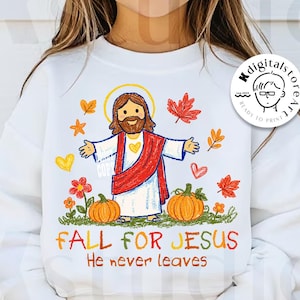 Falla för Jesus Han lämnar aldrig png, kristen höstsublimering, söt Jesus pumpafältdesign, troshöstvibbar, estetisk söndagsskola
