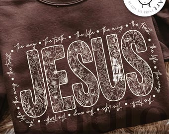 Jesús floral retro PNG, El camino, la verdad y la vida PNG, Floral cristiano vintage PNG, Diseño de camiseta de fe, Versículo bíblico PNG, Diseño religioso
