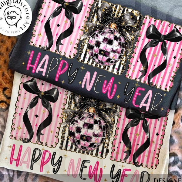 Happy New Year Coquette Bow Png, Disco Ball New Year Png, Black Pink Sequins Glitter Png, New Year's Eve Party Png, Trendy New Year 2026 Png