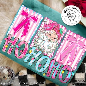 May include: Teal-colored Christmas-themed design featuring pink bows, a Santa Claus illustration, and the text "HOHOHO" with string lights. The design is a digital download, ready to print.