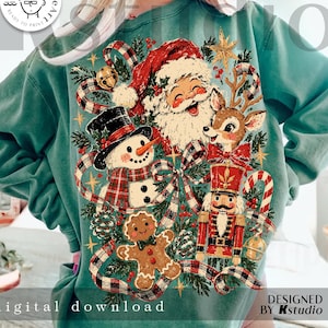 Vintage Christmas Characters PNG, Retro Holiday Collage, Santa Snowman Reindeer, Nutcracker Gingerbread, Festive Sublimation Digital PNG Art