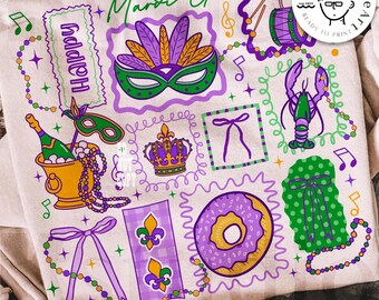 Mardi Gras Icon PNG, Carnival Sticker Collage PNG, Mardi Gras Mask Crown Beads Donut PNG, New Orleans Festival Png, Doodle Digital Download