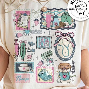 May include: Cream-colored t-shirt featuring a collage of medical-themed illustrations in pastel colors. The design includes stamps with a stethoscope, syringe, thermometer, and coffee cup. Text includes "Nurse" and "digital download."