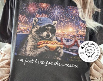 Solo estoy aquí por las salchichas PNG, mapache con perrito caliente PNG, 4 de julio PNG, mapache patriótico PNG, Día de la Independencia PNG, animal patriótico de moda