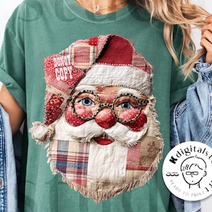 May include: Green t-shirt featuring a Santa Claus graphic with a patchwork design, glasses, and the text "DONOT COPY". The shirt also has the text "digital download" and a logo that says "READY TO PRINT".