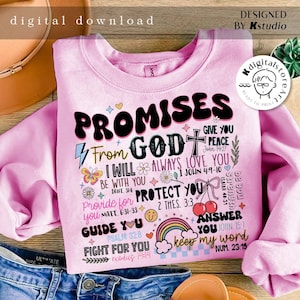 May include: Pink sweatshirt with a graphic design of colorful text that says "Promises from God" with bible verses and illustrations.