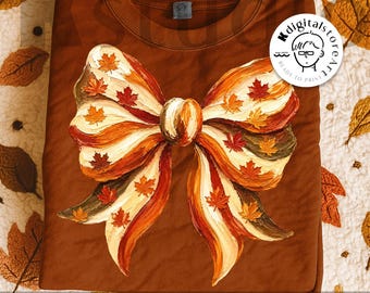 プレッピーな秋のリボンPNG、秋の紅葉リボン昇華プリント、手描きリボンシャツデザイン、コケット秋のデジタルダウンロード、感謝祭PNGファイル