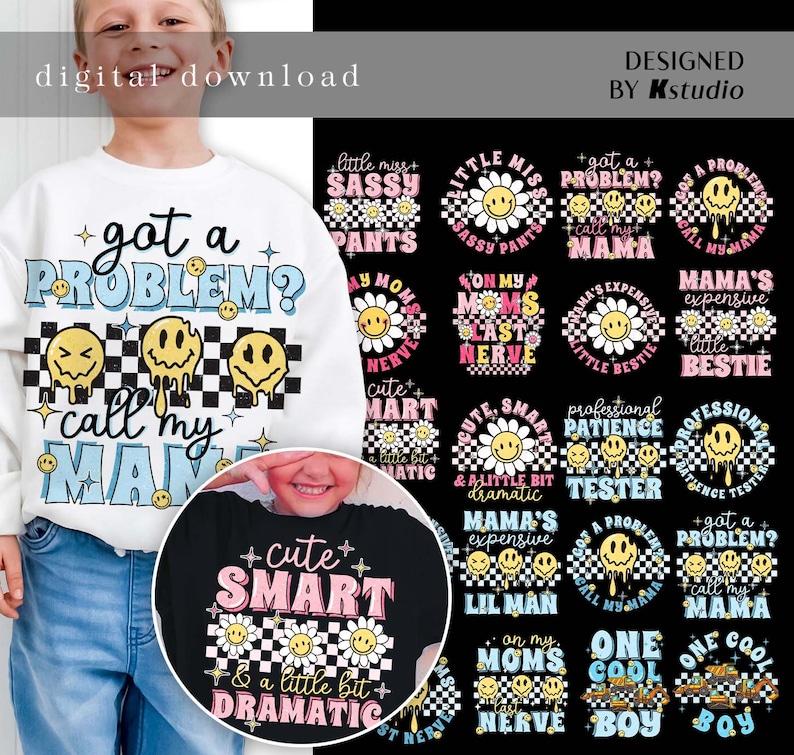 Pu&ograve; includere: Un set di 12 design digitali che presentano una variet&agrave; di detti colorati e divertenti sulle mamme. I design includono uno sfondo a scacchi con facce sorridenti e fiori. Il testo include frasi come "Hai un problema? Chiama la mia mamma", "Carina e intelligente, ma un po' drammatica", e "Sui nervi di mia madre".