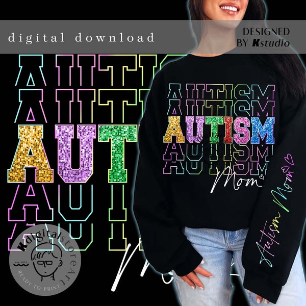 Glitter Sparkle Autism Mom Png, Autism Awareness Png, Autism Sleeve Shirt Design, Autism Mom Mama Png, Autism Design Download