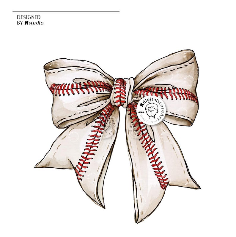 May include: A white bow with red stitching, resembling a baseball, with a brown watercolor effect.
