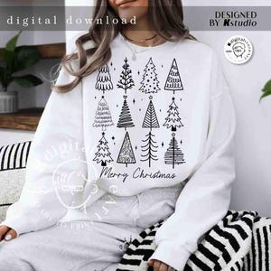 May include: White sweatshirt featuring a grid of black Christmas tree illustrations. The phrase "Merry Christmas" is written in a script font below the trees. The words "digital download" are at the top left.