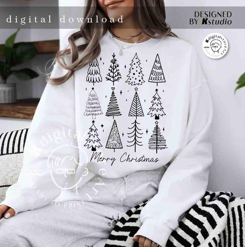 May include: White sweatshirt featuring a grid of black Christmas tree illustrations. The phrase "Merry Christmas" is written in a script font below the trees. The words "digital download" are at the top left.