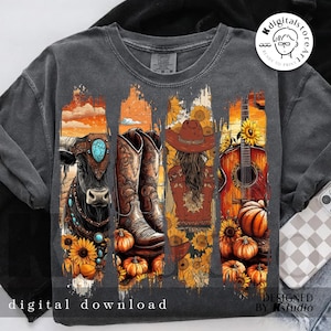 May include: Dark gray sweatshirt with a colorful graphic featuring a cow, cowboy boots, a woman in a hat, and a guitar. The design includes sunflowers, pumpkins, and the words "digital download".