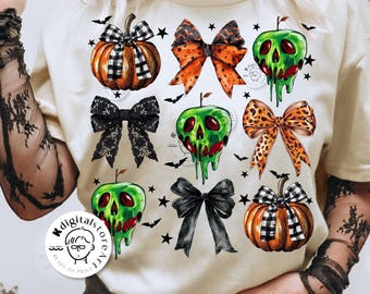 Retro Halloween Bow Png, Coquette Bow PNG, Trendy Bow Shirt Png, Halloween Pumpkin Apple, Halloween Sublimation Design Halloween PNG Shirt