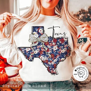 Mapa floral retro de Texas (en formato PNG), diseño de lazo coqueto de Texas, 4 de julio (en formato PNG), lazo de Texas (en formato PNG), camiseta American Girl, diseño de sublimación de camisetas de Texas