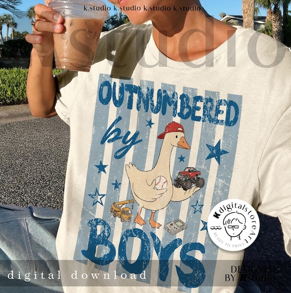 Outnumbered By Boys Goose Png, Funny Boy Mom Life Sublimation, Retro Blue Striped Mama Gift, Cute Goose With Baseball And Trucks Png Art