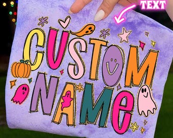 Pincelada de Halloween con nombre personalizado PNG, sublimación de calabaza fantasma adorable, letras retro coloridas de temporada espeluznante PNG, camiseta de otoño personalizada para niños