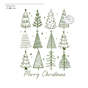 May include: A white background with a collection of green Christmas tree illustrations. The phrase "Merry Christmas" is written in a script font. The words "DESIGNED BY Kstudio" are in the top left corner.