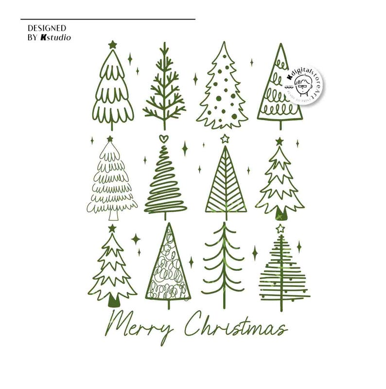 May include: A white background with a collection of green Christmas tree illustrations. The phrase "Merry Christmas" is written in a script font. The words "DESIGNED BY Kstudio" are in the top left corner.