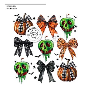 May include: A collection of Halloween-themed digital art elements. The image features pumpkins, bows, and green apples with skull-like faces. The bows have various patterns, including leopard print, orange and black, and black lace. The text "DESIGNED BY Kstudio" is visible.
