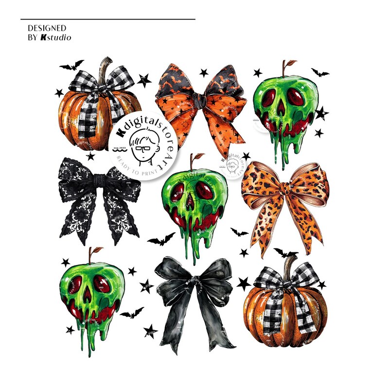 May include: A collection of Halloween-themed digital art elements. The image features pumpkins, bows, and green apples with skull-like faces. The bows have various patterns, including leopard print, orange and black, and black lace. The text "DESIGNED BY Kstudio" is visible.