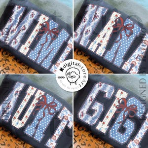 May include: Four images displaying the words "MAMA", "AUNT", and "GIGI" in white, blue, and floral patterns. Each word is adorned with a red bow. The background is a dark grey colour. The images are ready to print.