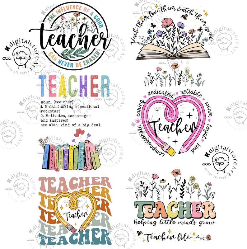 May include: A set of 6 colorful digital designs featuring the word "Teacher" in various styles. The designs include a heart with a pencil, a book with flowers, and a stack of books. The designs are perfect for teachers, students, and anyone who loves education.