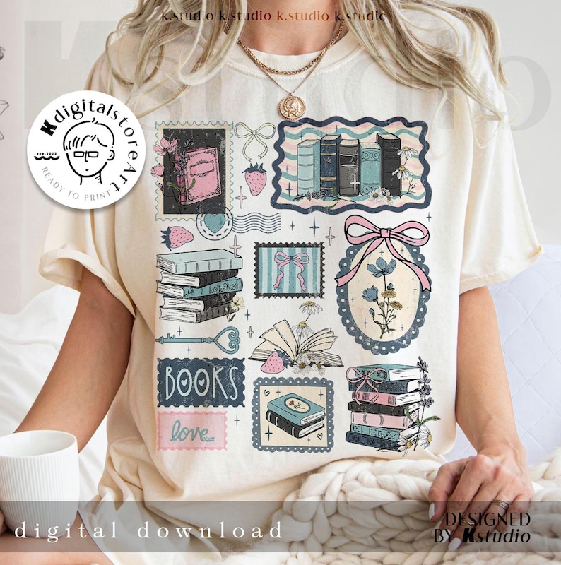 May include: Cream-colored t-shirt featuring a collage of book-themed illustrations. The design includes stacks of books, stamps, bows, and the words "BOOKS" and "love." The phrase "digital download" is at the bottom.