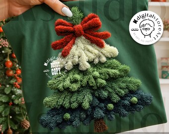 ラッチフックヤーンのフェイク刺繍クリスマスツリーデザイン、ホリデークリスマスPNG、バイラルクリスマスシャツ、フェイククロッシェPNG、クリスマスリボンPNG DTF