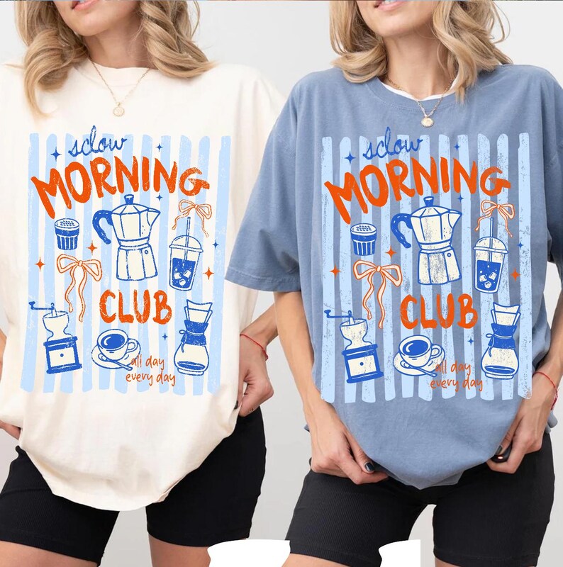 Slow Morning Club Png, Retro Coffee Lover Png Design, Blue Coquette Bow Png, Caffeine Png, Coffee Maker Espresso Machine Gift, Trendy Social image 4
