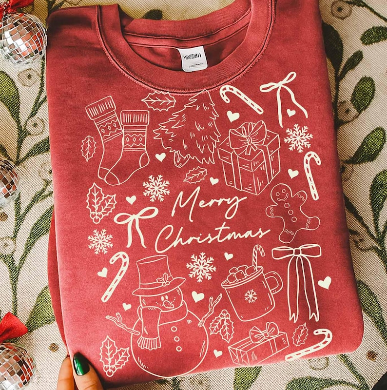 Merry Christmas PNG Bundle, Christmas Doodle Png, Minimal Holiday Doodle Design, Festive Outline Christmas Elements, Cozy Winter Shirt PNG image 5