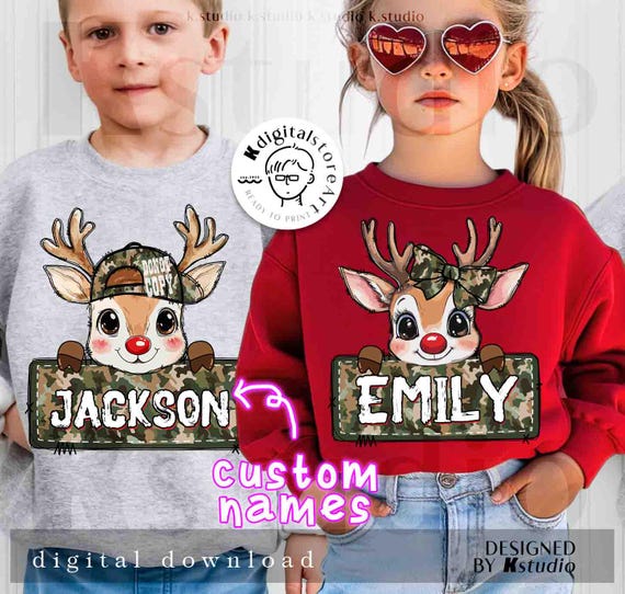 Personalized Cute Reindeer PNG, Preepy Camo Christmas Coquette Design, Boy Girl Rudolph Png, Custom Holiday Shirt Png, Cute Kids Xmas Gift
