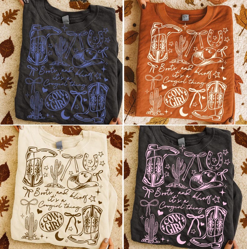 May include: Four crew neck sweatshirts in different colors: charcoal, rust, cream, and dark grey. Each shirt features a western-themed graphic with boots, a cowboy hat, and the text "Boots and Bling, it's a Cowgirl thing."