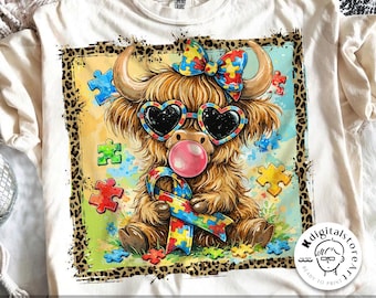 Mucca delle Highlands per la consapevolezza dell'autismo in formato PNG, mucca colorata ad acquerello in formato PNG, fiocco puzzle leopardato per l'autismo in formato PNG, neurodiversità in formato PNG, regalo alla moda per mamme autistiche