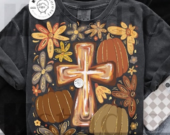 Boho Floral Pumpkin Cross Fall Jesus, Autumn Pumpkin Floral, Retro Fall Png, Fall Cross Bow, Fall Christian Png, Autumn Pumpkin Shirt Design