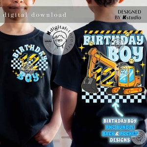 Może przedstawiać: Projekt czarnej koszulki z ż&oacute;łtą koparką z napisem "Birthday Boy" i liczbą "12" w kolorze ż&oacute;łtym i czarnym. Projekt zawiera r&oacute;wnież kratkę i gwiazdki.