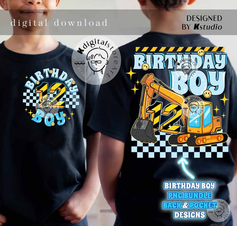 Może przedstawiać: Projekt czarnej koszulki z ż&oacute;łtą koparką z napisem "Birthday Boy" i liczbą "12" w kolorze ż&oacute;łtym i czarnym. Projekt zawiera r&oacute;wnież kratkę i gwiazdki.