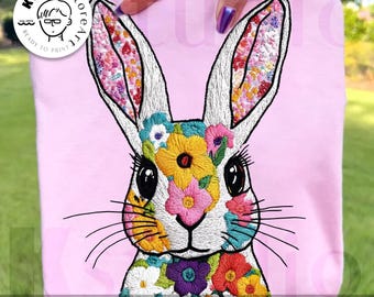 Floral Embroidery Bunny PNG, Easter Sublimation Design (Digital Download)